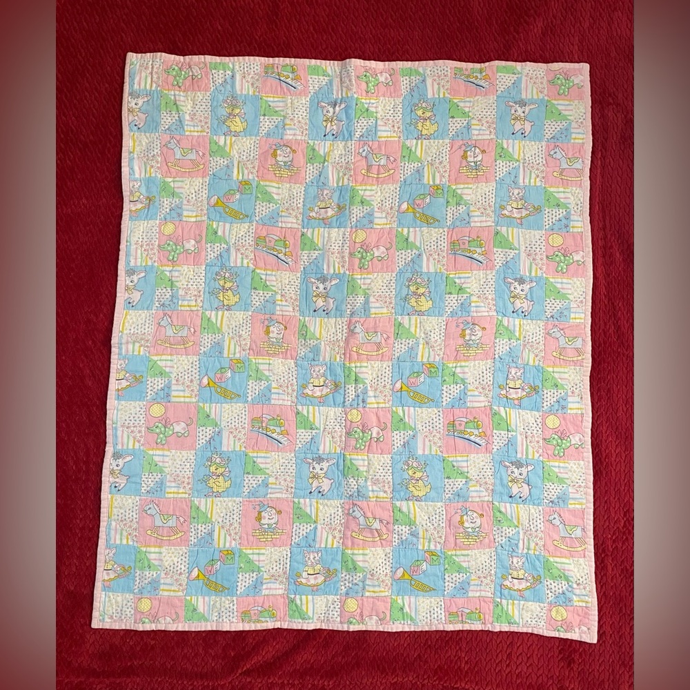 Vintage Baby Quilt Blanket Humpty Lamb Dog Train Doll 39”x 33". Cotton 100%